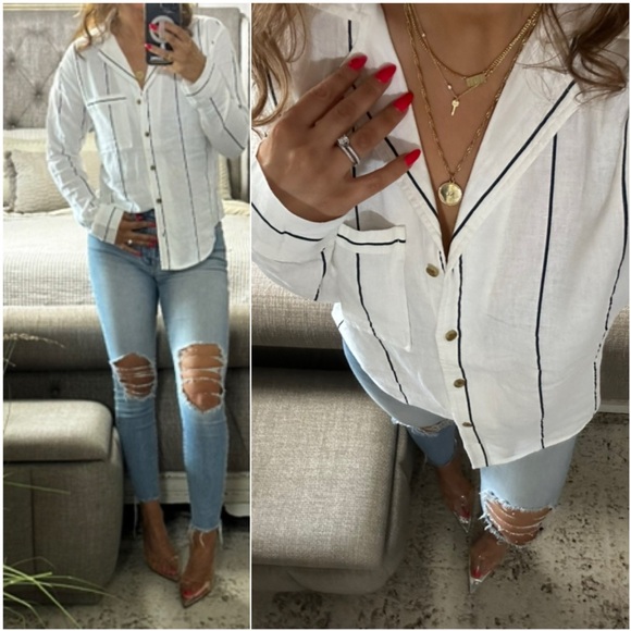 🆕 Effortless Striped Linen Blend Button-Down - Picture 1 of 7
